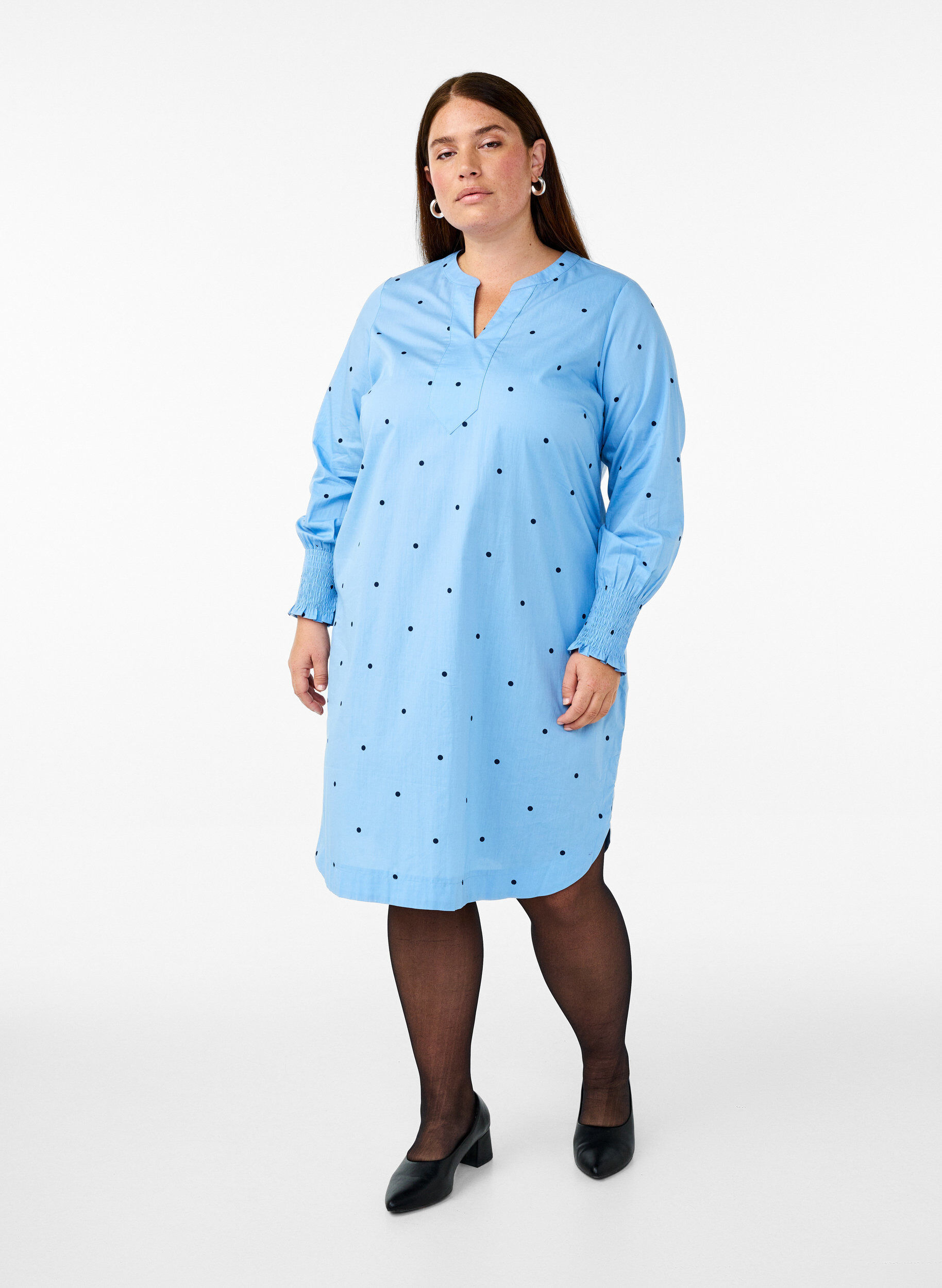 Zizzi Jurk met polka dots en lange mouwen, Blauw, Model image number 1