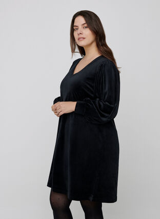Velours jurk met lange pofmouwen, Black, Model image number 0