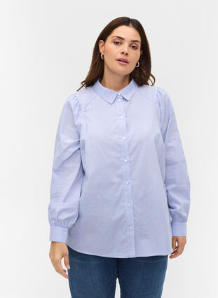 Gestreepte blouse in katoen, White/Blue stripe, Model image number 0