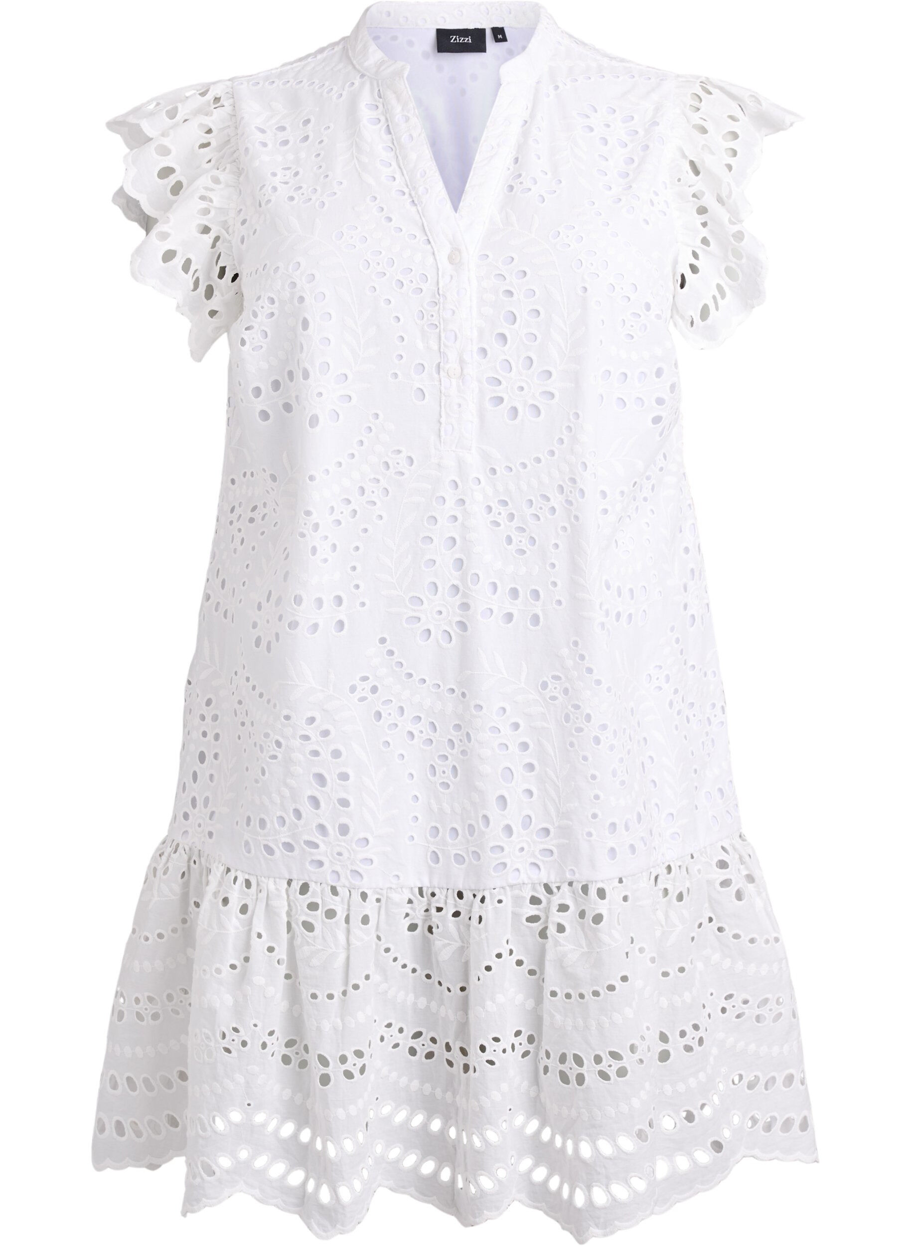 Zizzi Broderie anglaise jurk met ruches mouwen, Wit, Packshot image number 0