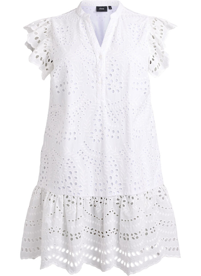 Broderie anglaise jurk met ruches mouwen, Wit, Packshot image number 0