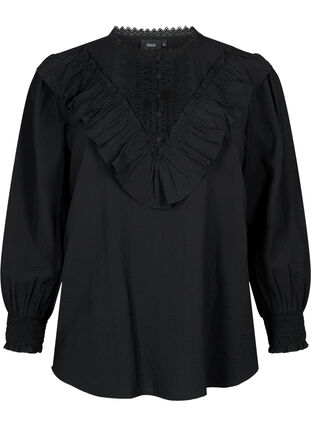 Viscose blouse met ruches en borduursel, Black, Packshot image number 0