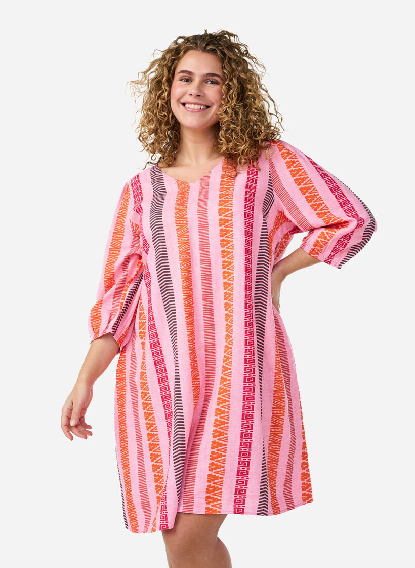 Korte jurk in linnen en viscose met 3/4 mouwen, Roze, Model image number 0