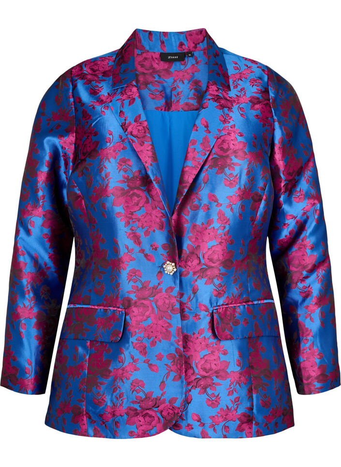 Blazer met bloemmotief en parelknoop, Blue Quartz Jaquard, Packshot image number 0