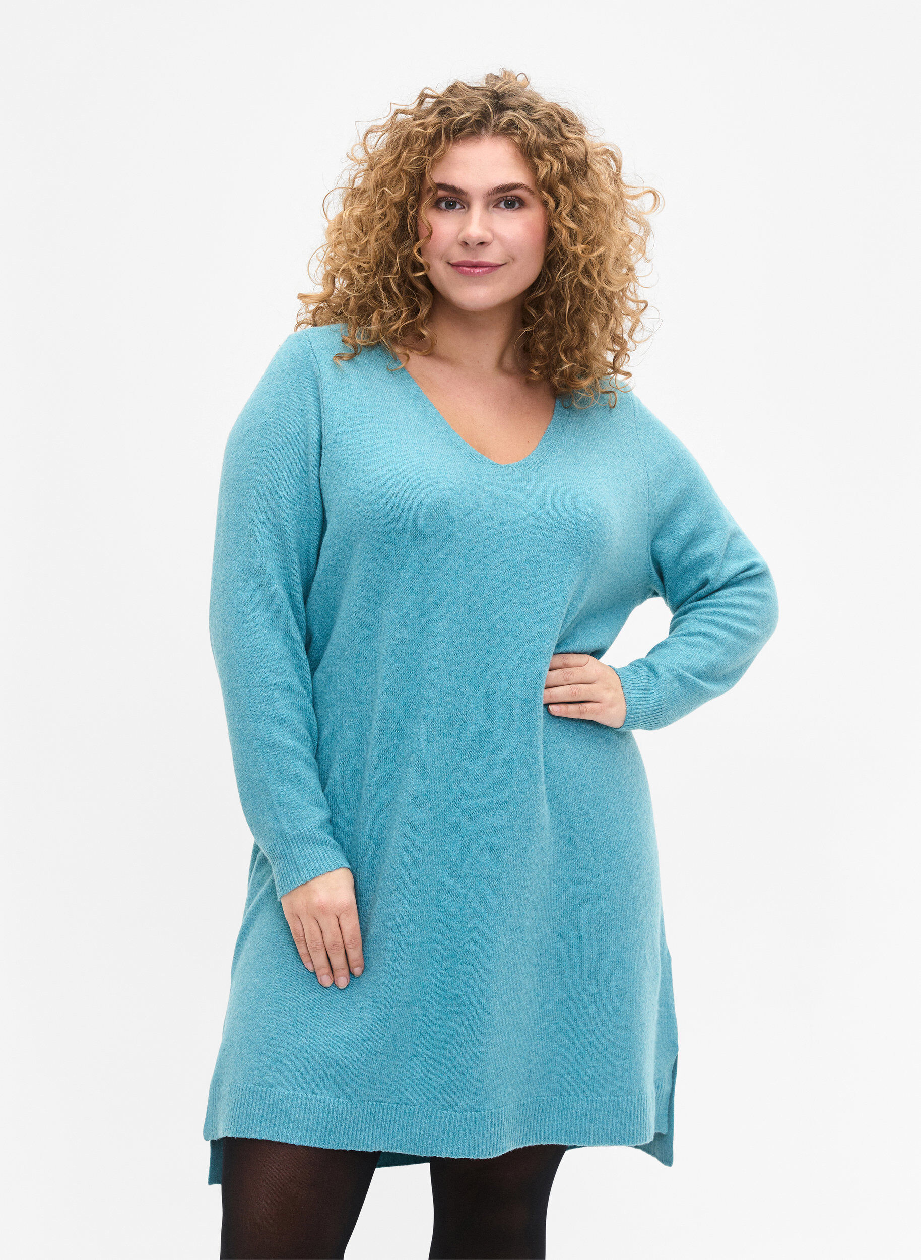 Zizzi Gebreide jurk met split, R. Waters/White Mel., Model image number 0