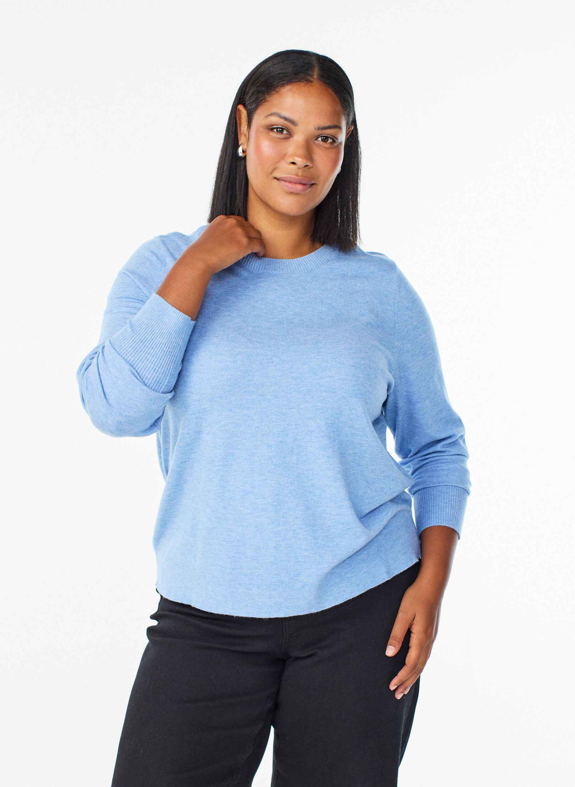 ZizziGebreide blouse met ronde hals, Blauw, Model image number 0