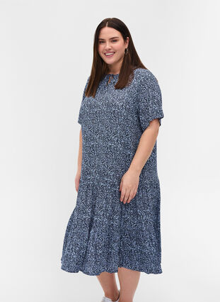 Viscose jurk met print en korte mouwen, Blue Flower Mix, Model image number 0