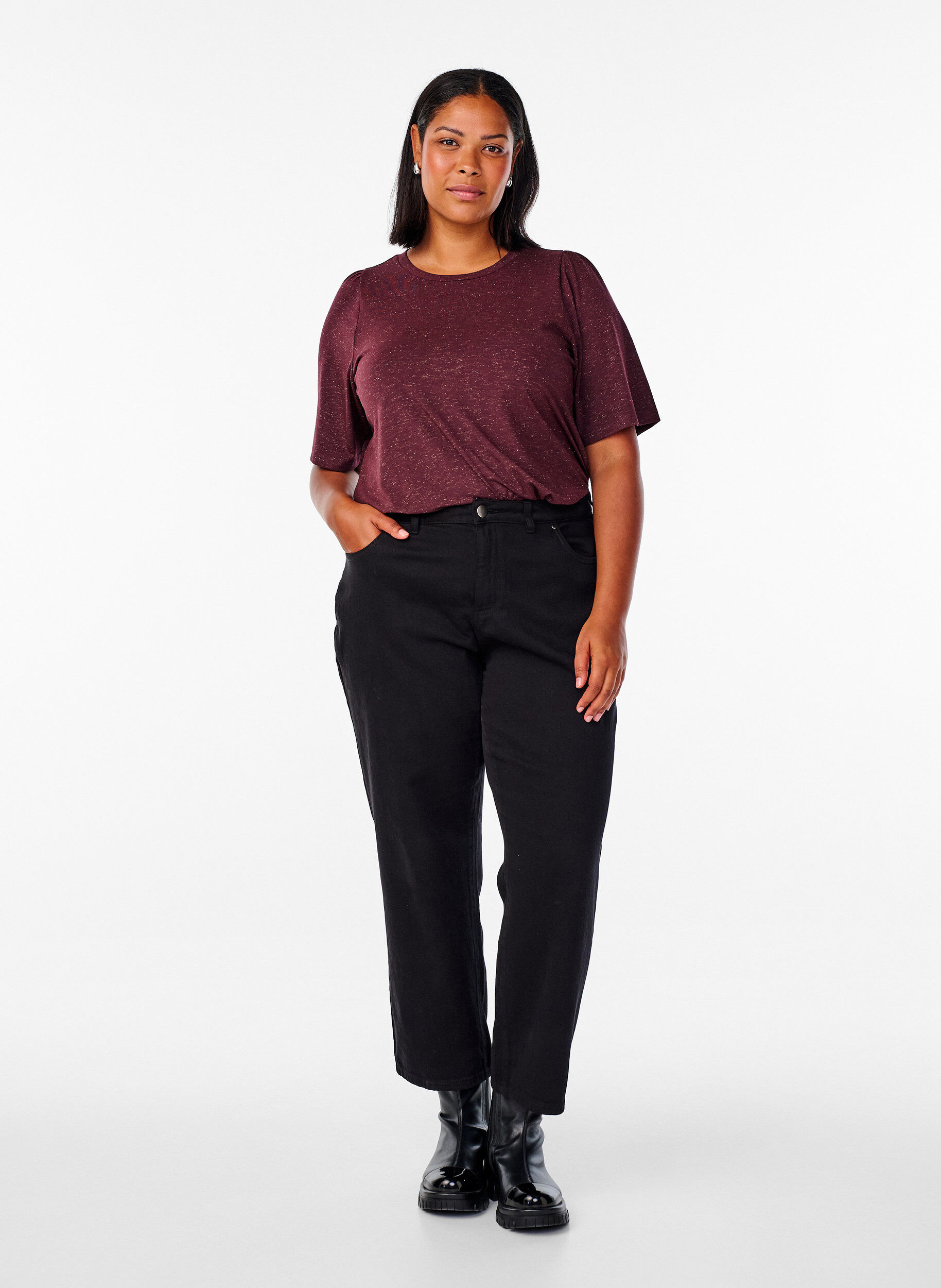 Zizzi T-shirt met glitters en korte pofmouwen, Donker Bordeaux, Model image number 1