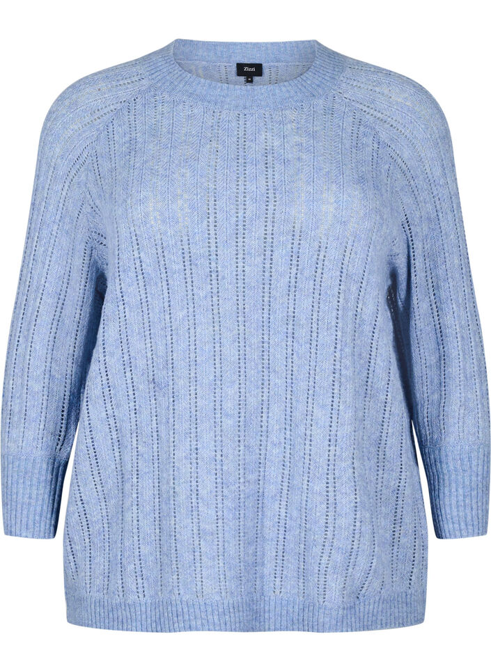 Luchtige knit blouse met 3/4 mouwen en opengewerkt patroon, Blauw, Packshot image number 0