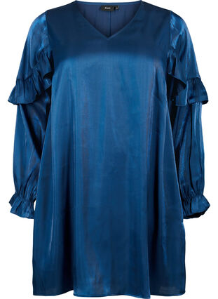 Viscose jurk met V-hals en ruches, Titan, Packshot image number 0