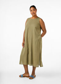 Mouwloze jurk van katoenmix met linnen, Deep Lichen Green, Model