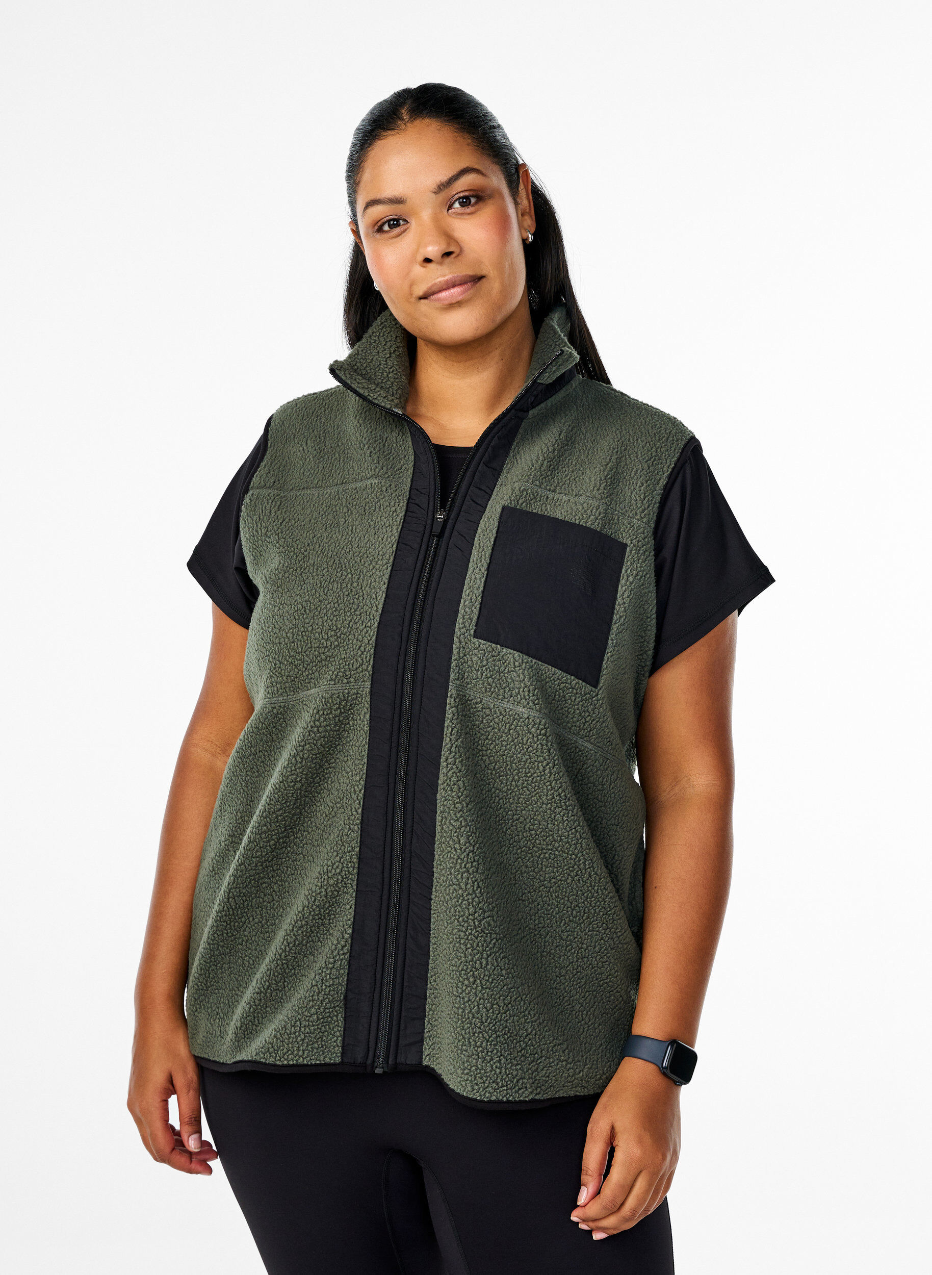Zizzi Sportieve teddy bodywarmer met zakken, Thyme, Model image number 0