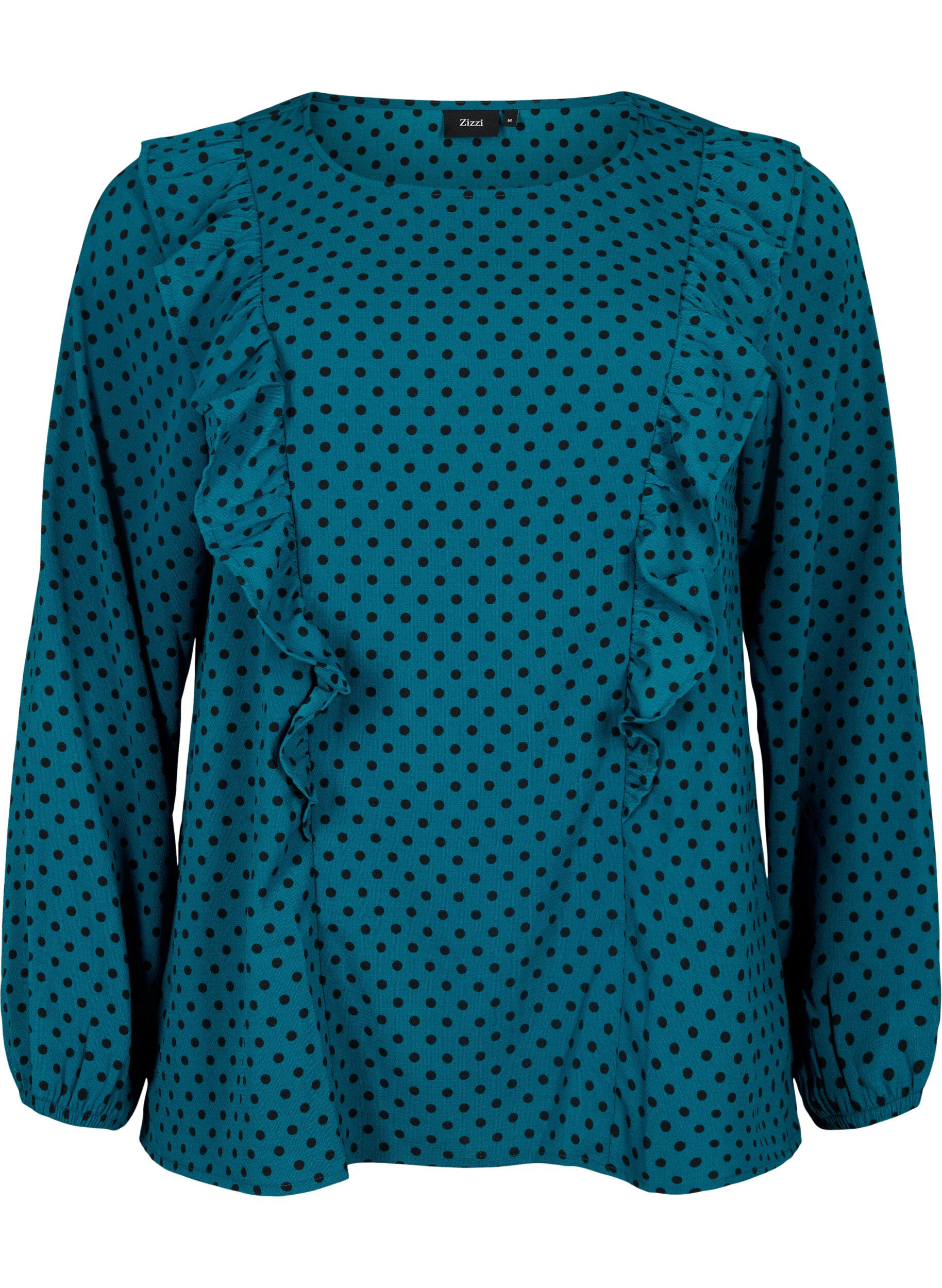 Zizzi Blouse met lange mouwen en ruches, Shaded Spruce Dot, Packshot image number 0