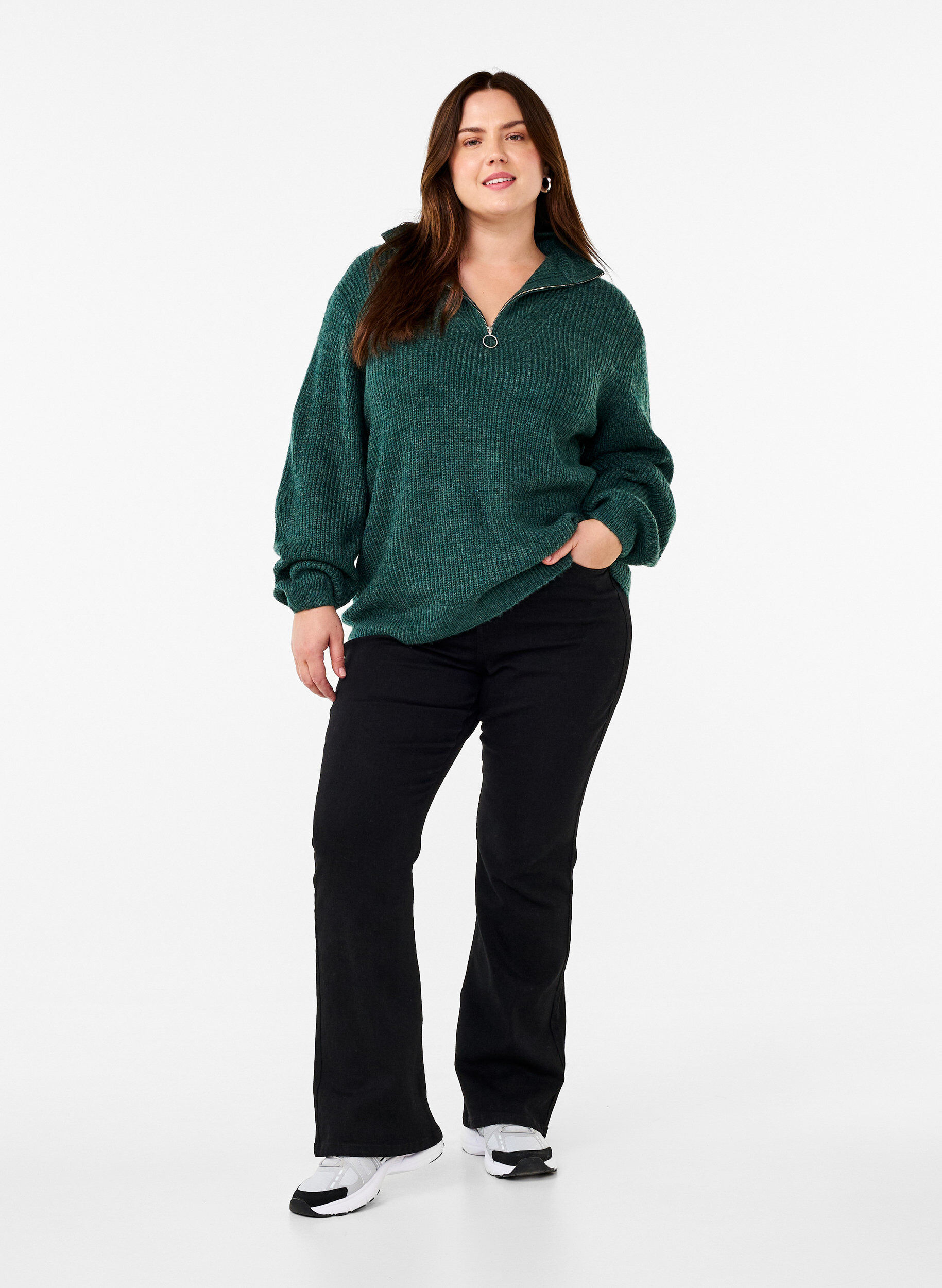 ZizziGebreide trui met hoge hals en rits, Groen, Model image number 1