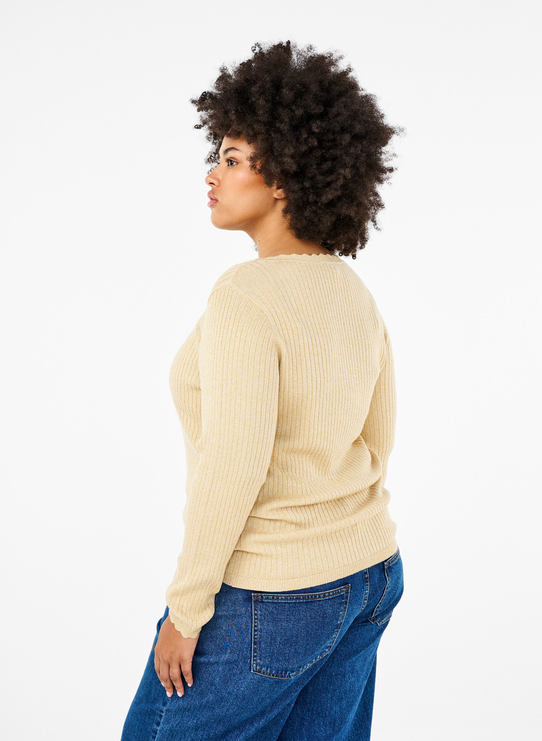 Zizzi Gebreide trui met strakke pasvorm en glitterdraad, Beige, Model image number 2