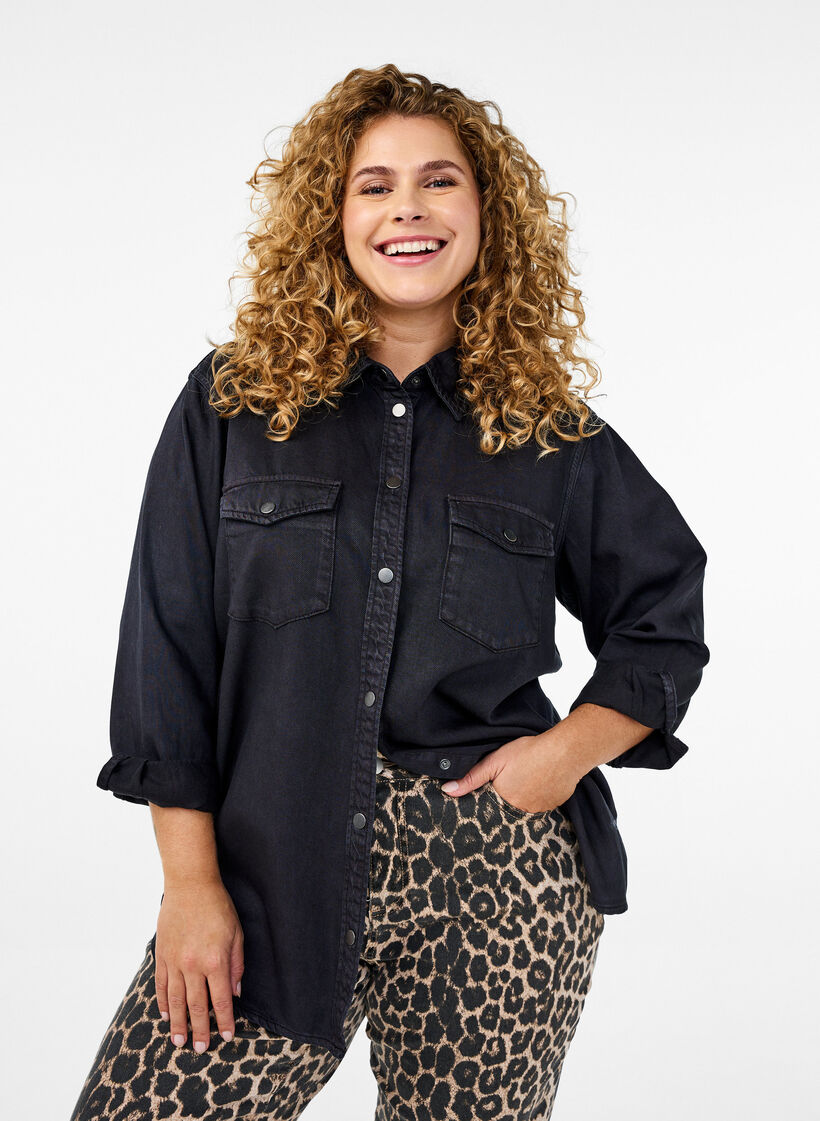 Denim shirt met borstzakken, Zwart, Model image number 0