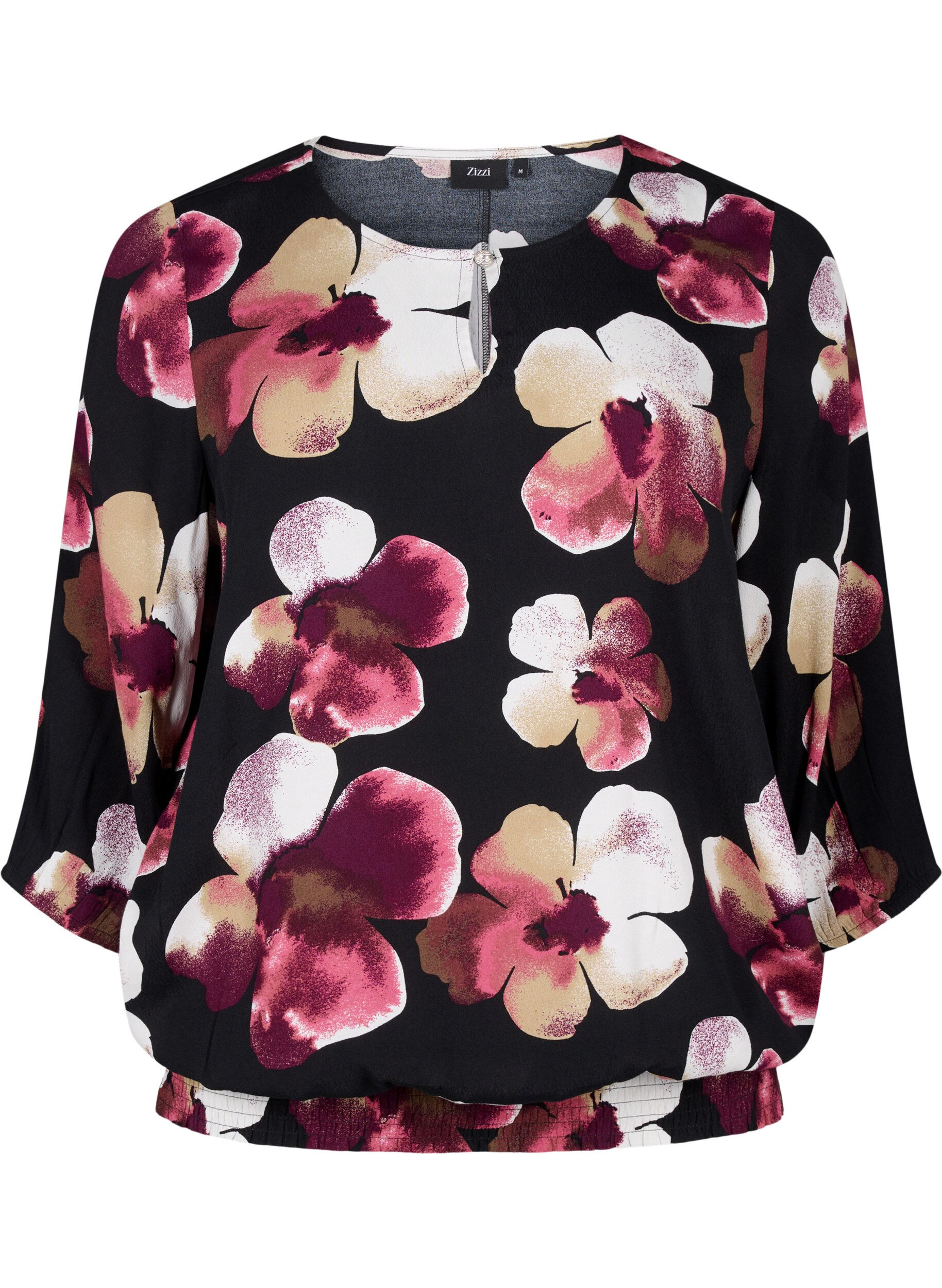 Zizzi Viscose blouse met print en smok, Zwart, Packshot image number 0
