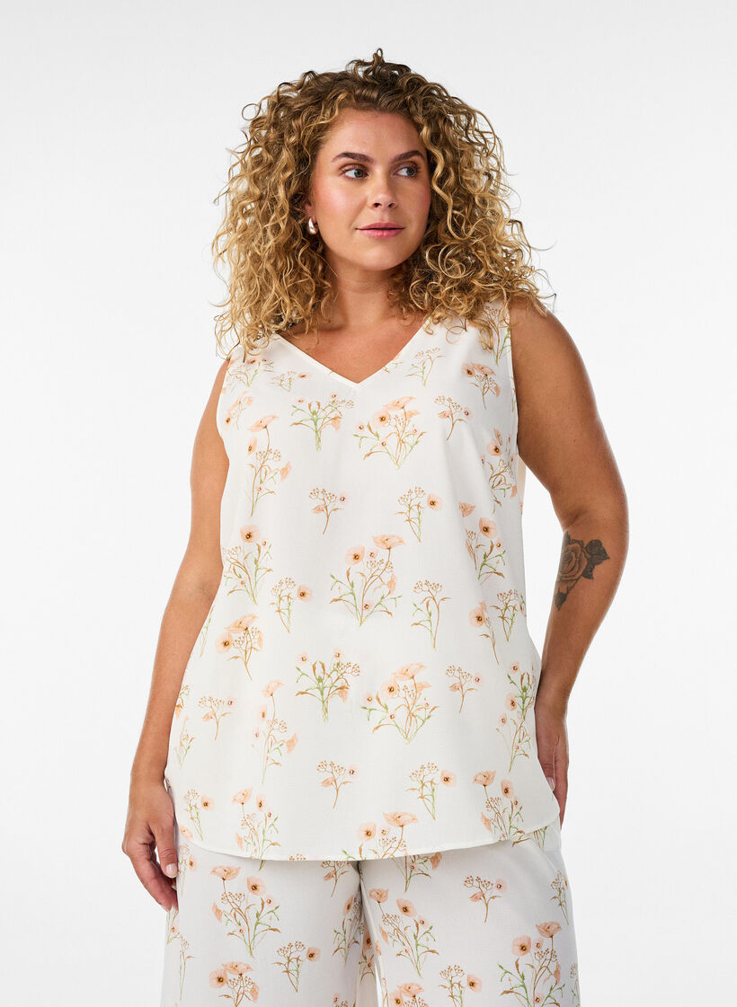 Top met print en V-hals, Wit, Model image number 0