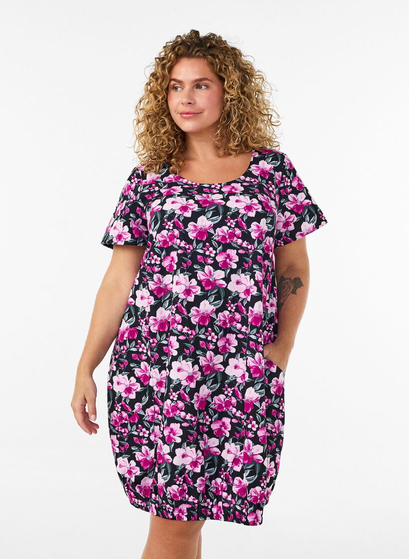 Katoenen jurk met korte mouwen en print, Zwart, Model image number 0