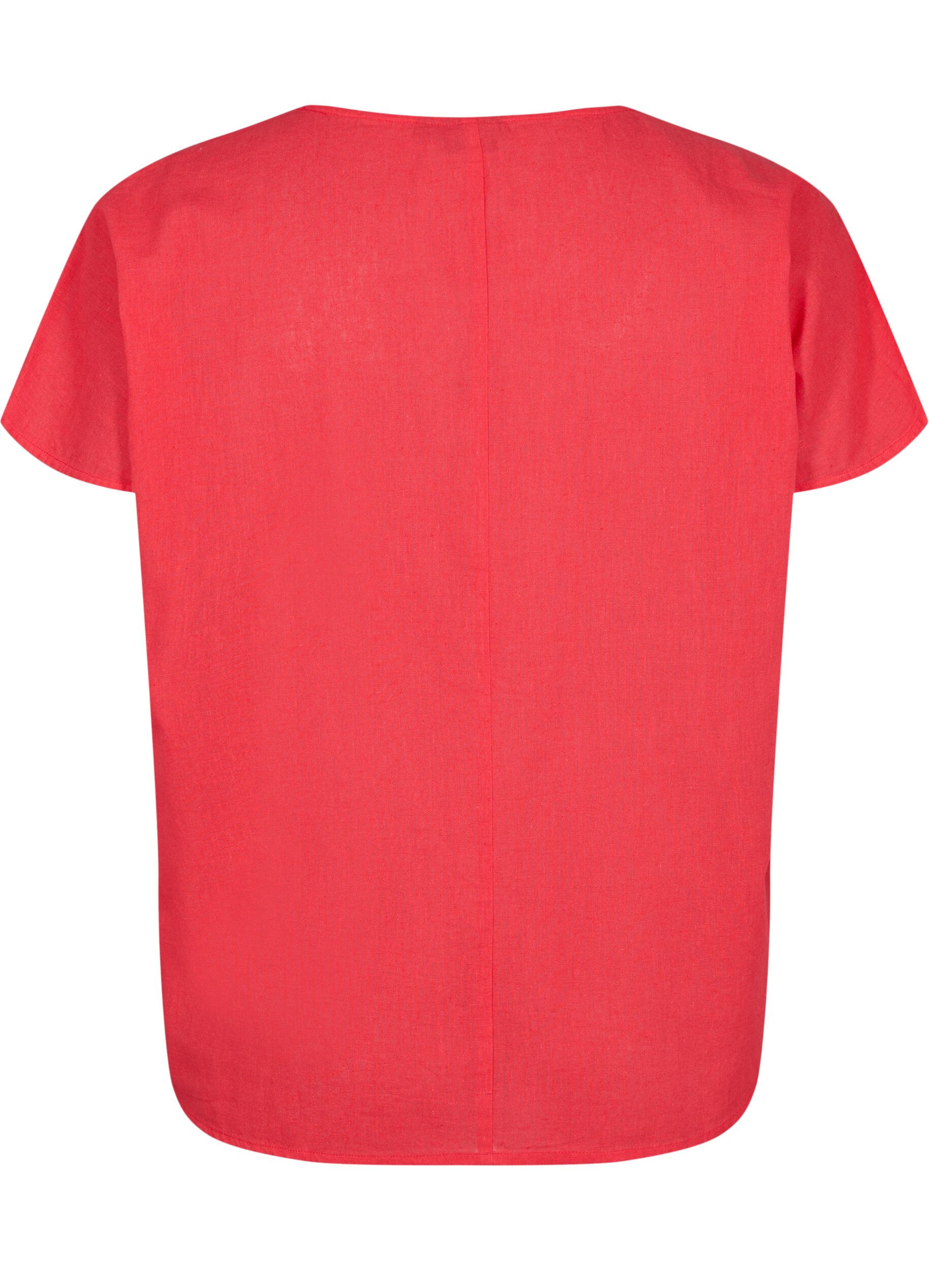 Zizzi Katoenen blouse met korte mouwen van katoenmix met linnen, Hibiscus, Packshot image number 1