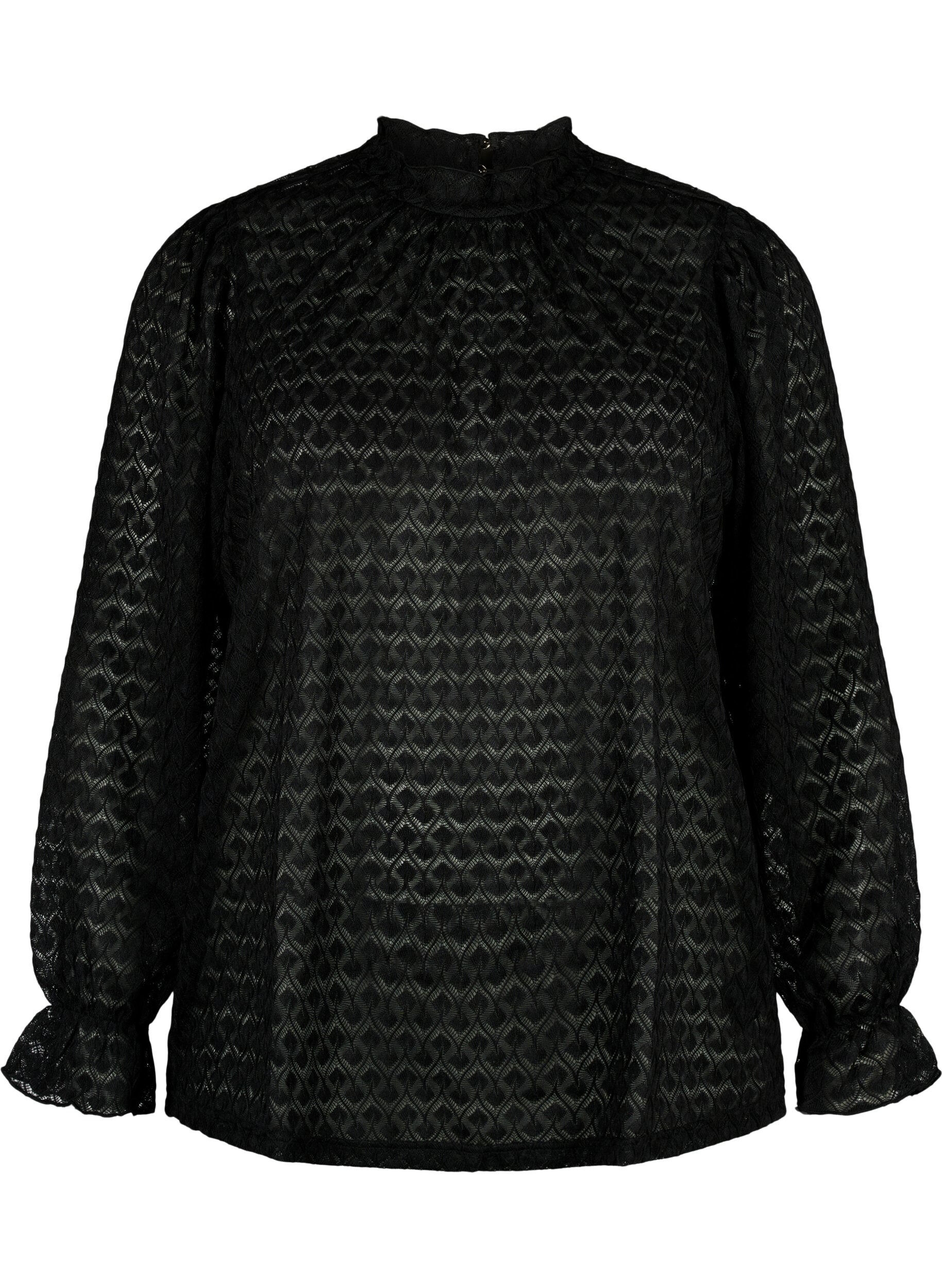Zizzi Blouse met lange mouwen en gedessineerde textuur, Black, Packshot image number 0