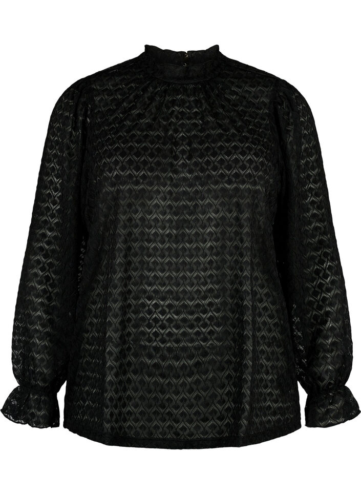 Blouse met lange mouwen en gedessineerde textuur, Black, Packshot image number 0