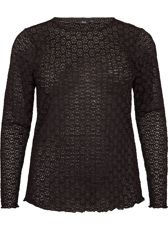 Blouse met ajourpatroon en lange mouwen, Zwart, Packshot image number 0