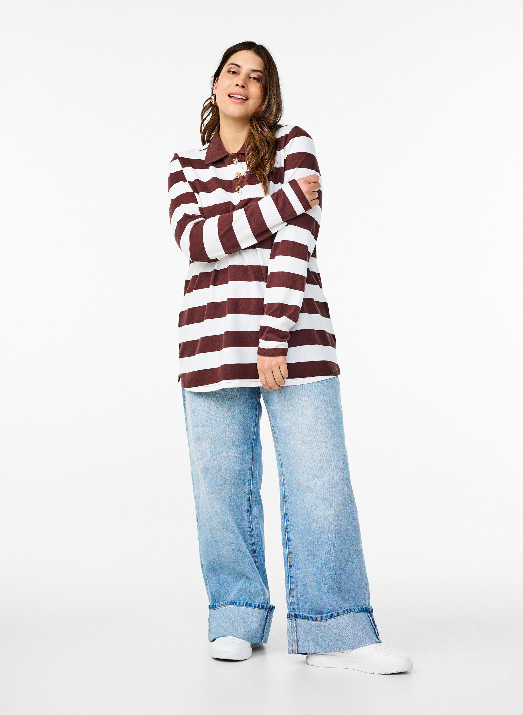 Zizzi Gestreepte polo met lange mouwen, Donker Bordeaux, Model image number 1