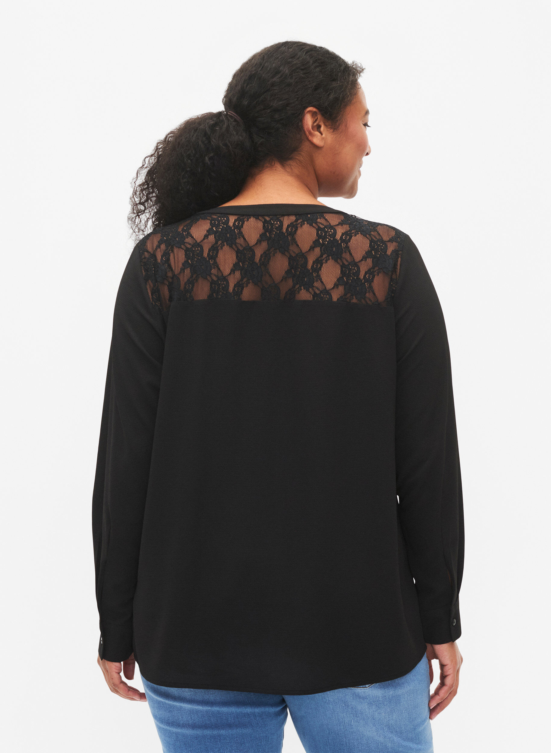 Zizzi Blouse met lange mouwen en kanten detail , Black, Model image number 1
