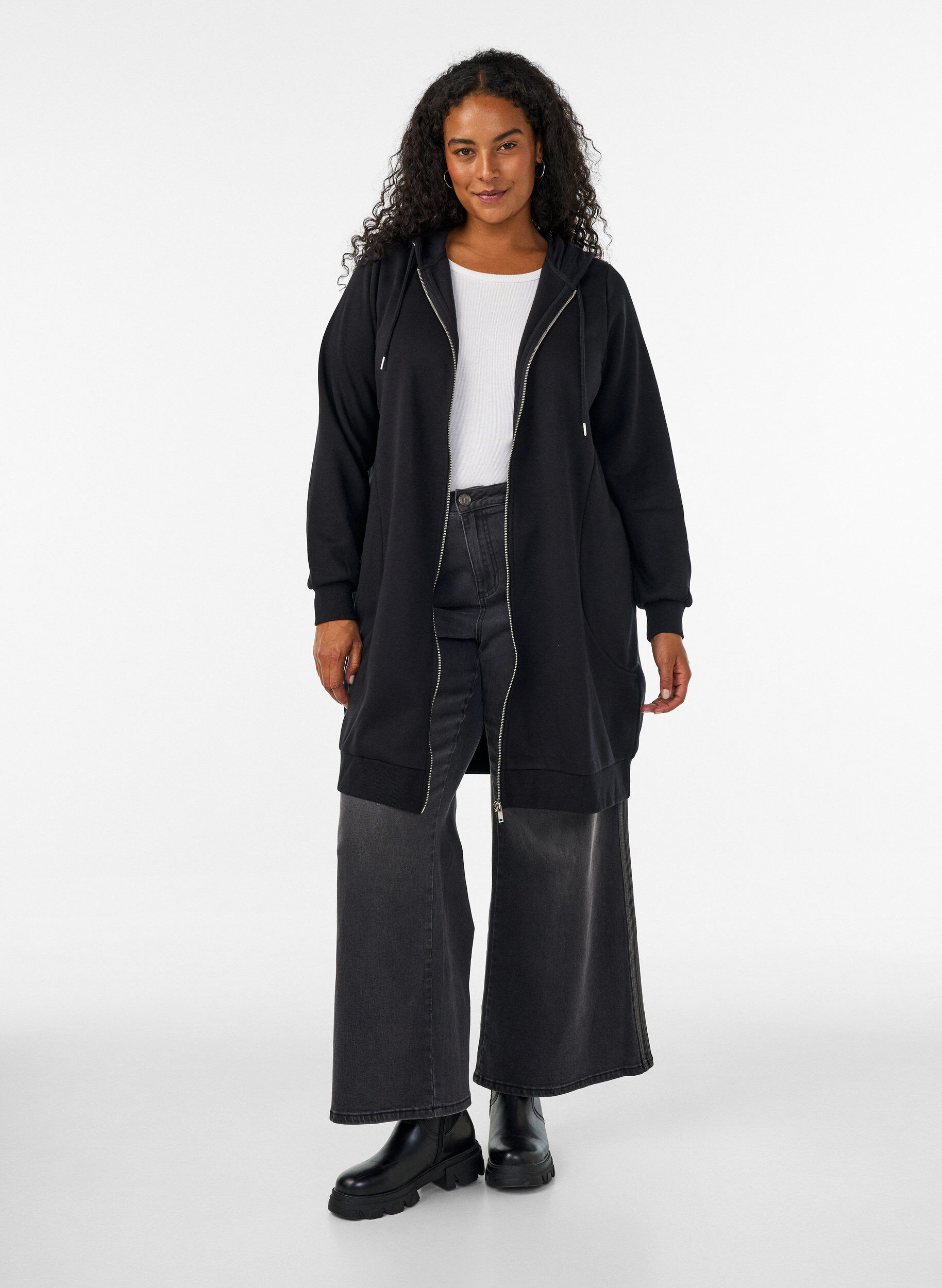 ZizziLange hoodie met ritssluiting en zakken, Zwart, Model image number 1