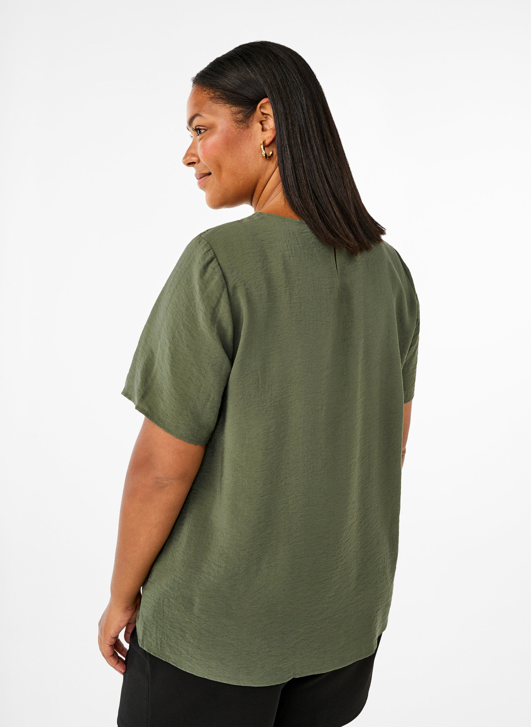 Zizzi Blouse van viscose met korte mouwen en kant detail, Thyme, Model image number 1