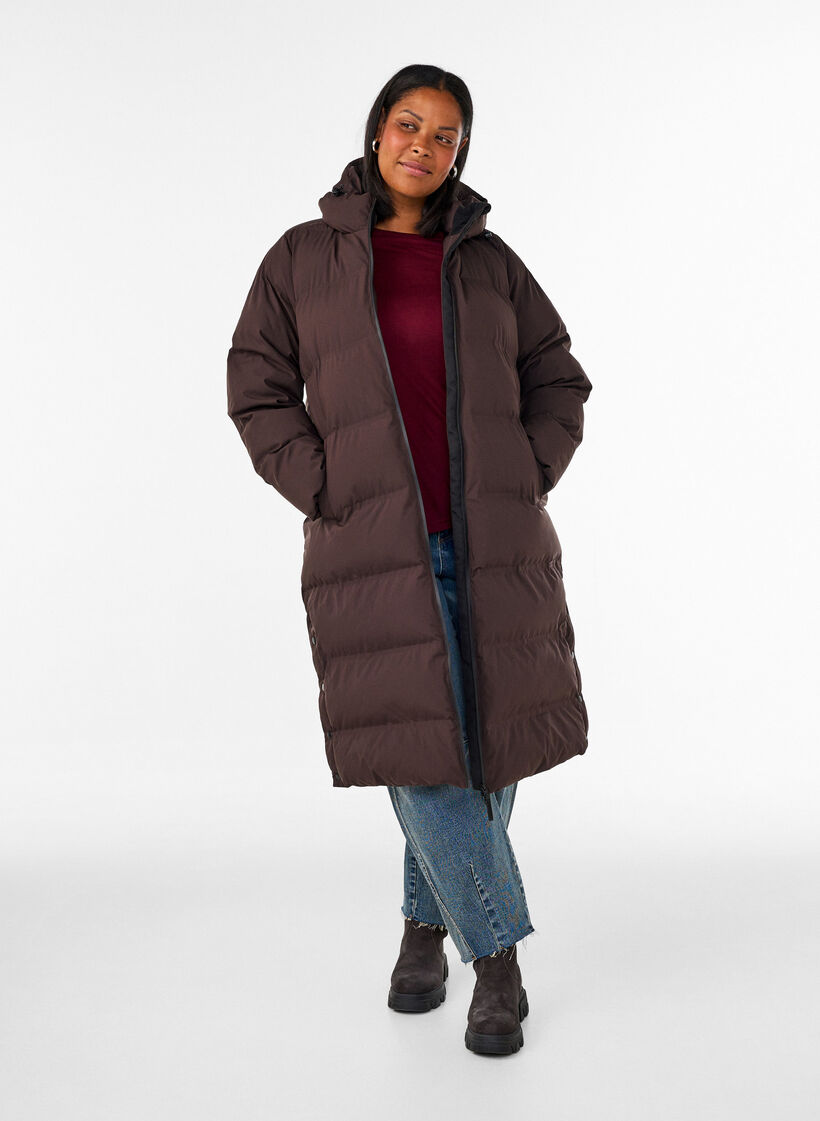 Lange puffer winterjas met capuchon, Bruin, Model image number 1