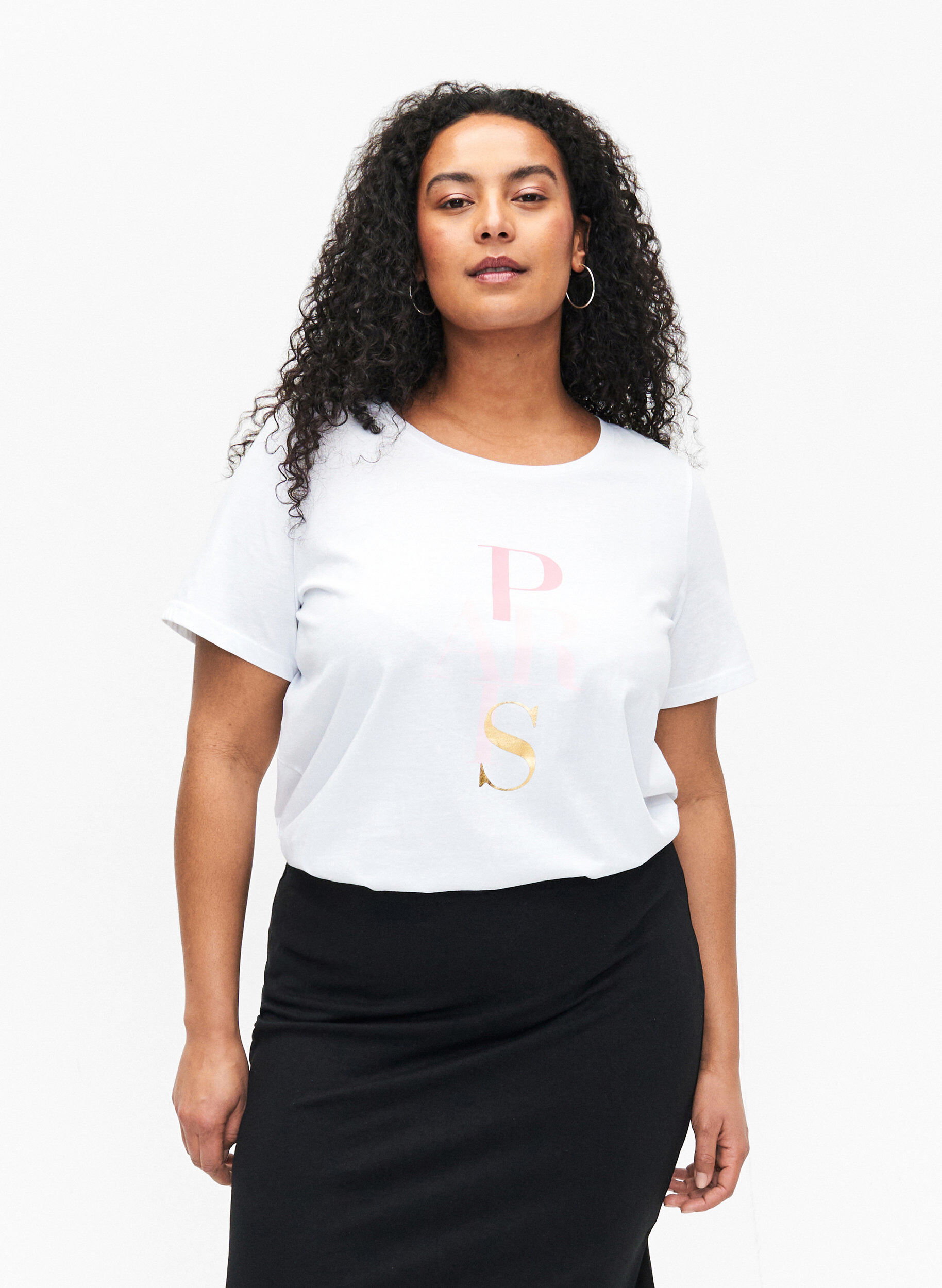 Zizzi Katoenen T-shirt met tekstopdruk, B. White w. Paris, Model image number 0