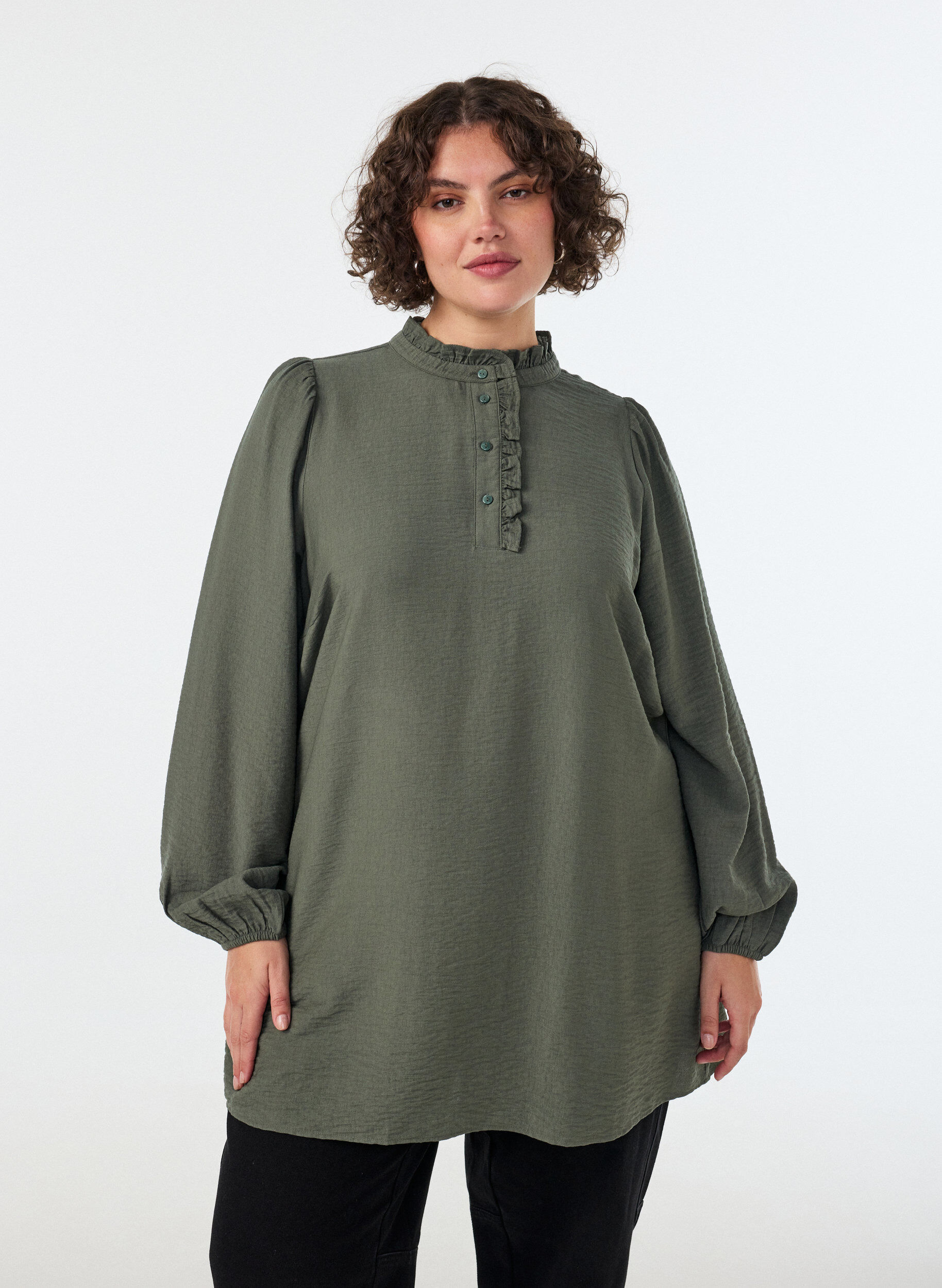 ZizziViscose tuniek met ruches en knopen, Groen, Model image number 0