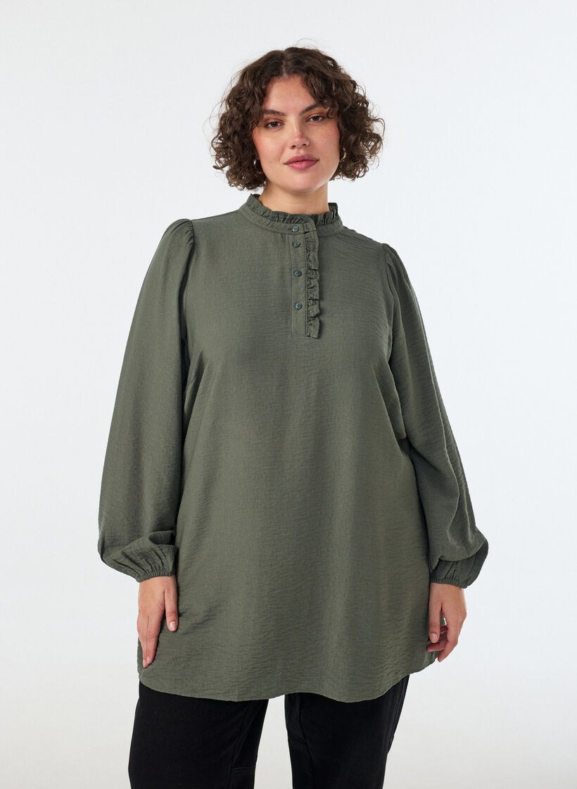 Viscose tuniek met ruches en knopen, Groen, Model image number 0