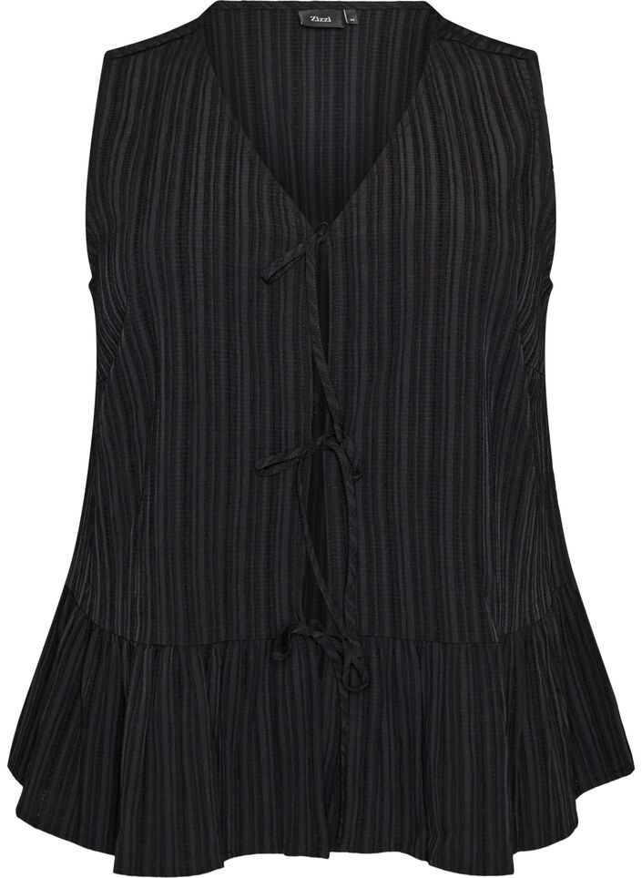 Mouwloze blouse met textuur en een striksluiting, Zwart, Packshot image number 0