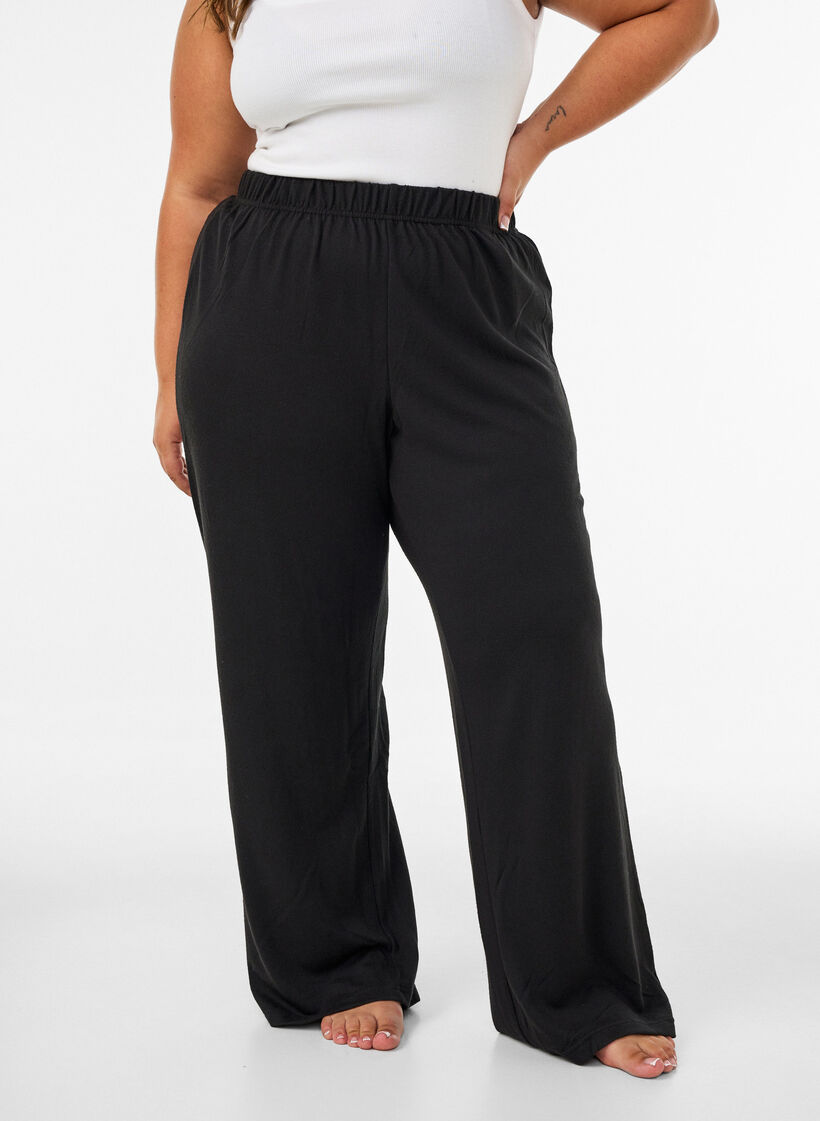 High waist jerseybroek met wijde pijpen, Zwart, Model image number 3