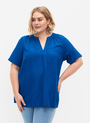 Viscose blouse met korte mouwen en v-hals, Princess Blue, Model image number 0