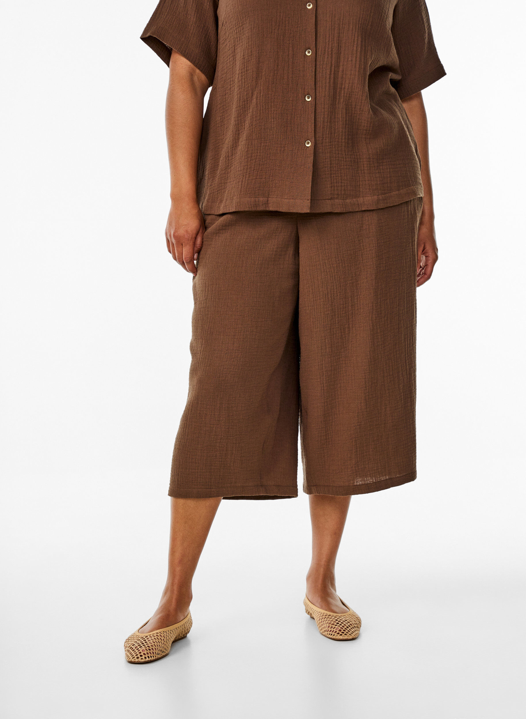 ZizziCulotte broek van katoen met hoge taille, Bruin, Model image number 2