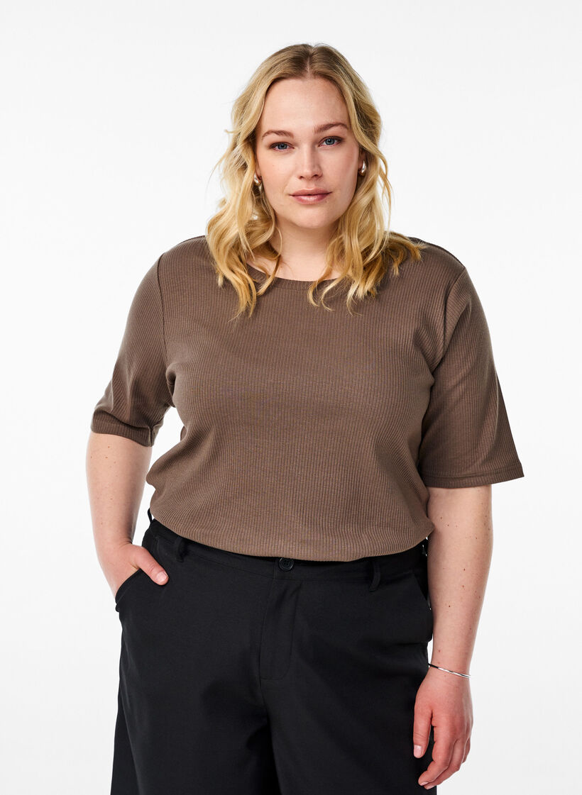 Geribde jersey blouse met korte mouwen, Bruin, Model image number 0