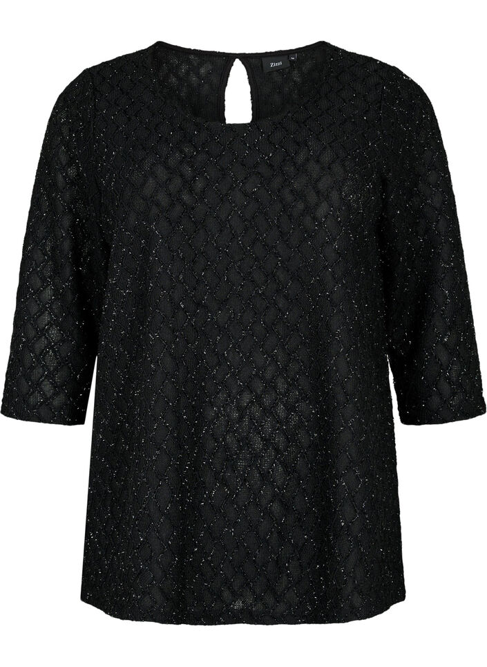 Blouse met motief, 3/4 mouwen en glitter, Black, Packshot image number 0