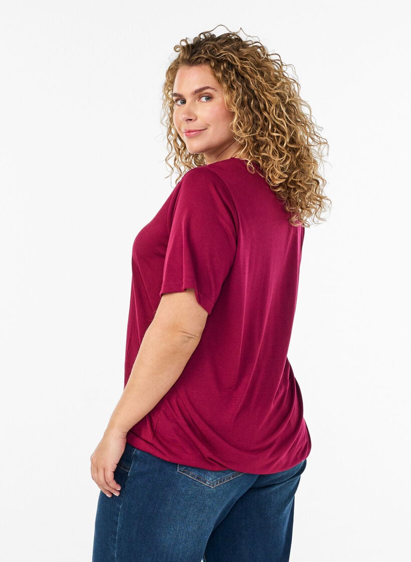 Blouse met kanten inzetstuk en ballonmouwen, Rood, Model image number 2
