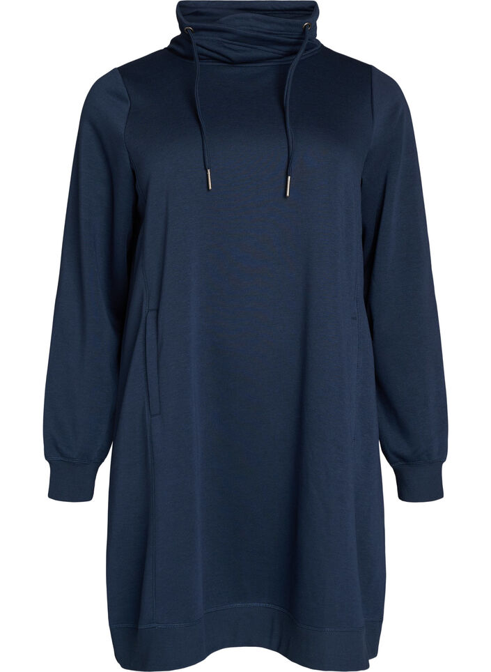 Kort sweatshirt jurk met hoge kraag en zakken, Blauw, Packshot image number 0