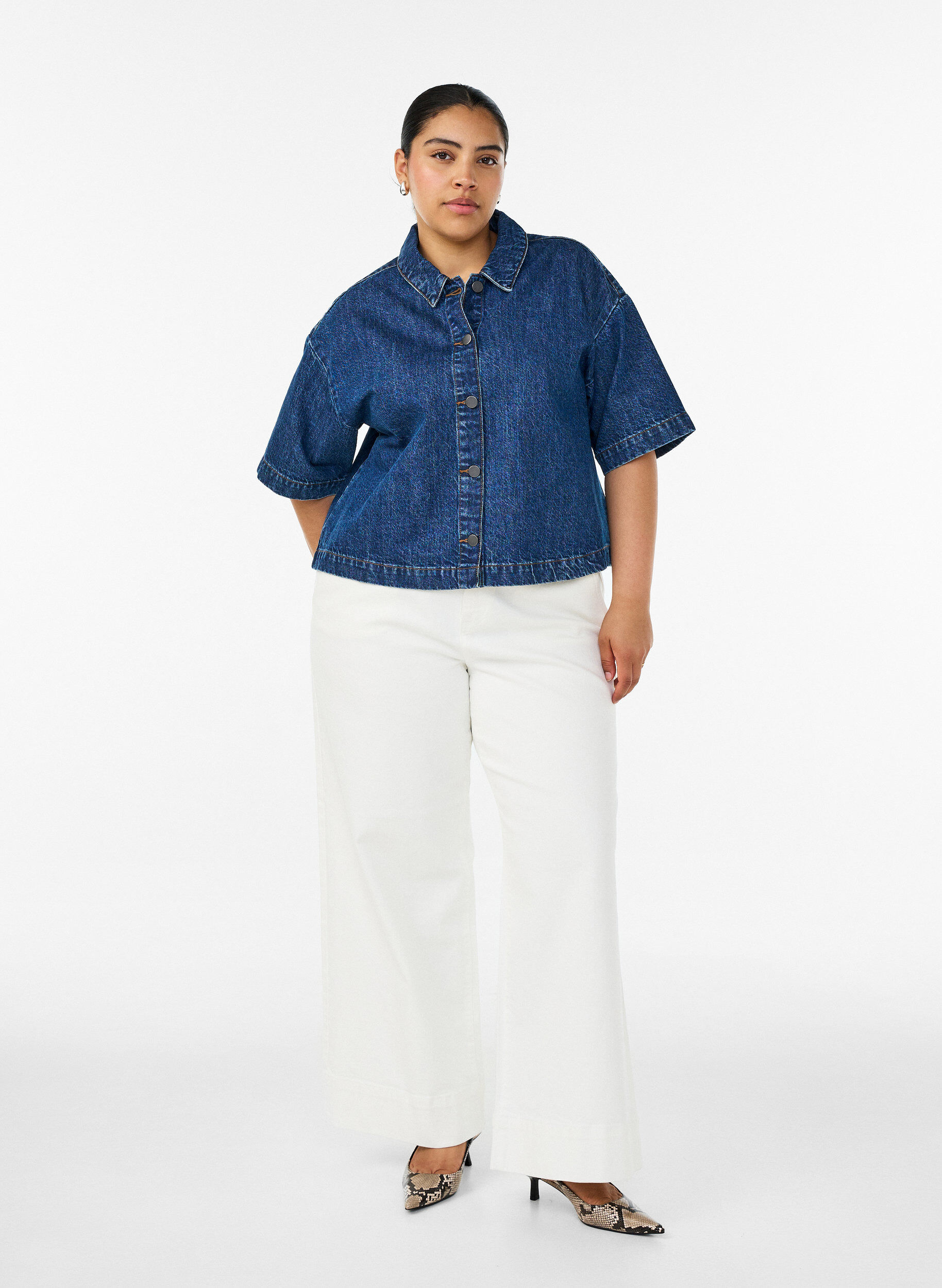 ZizziDenimjas met korte mouwen en knoopsluiting, Blauw, Model image number 1