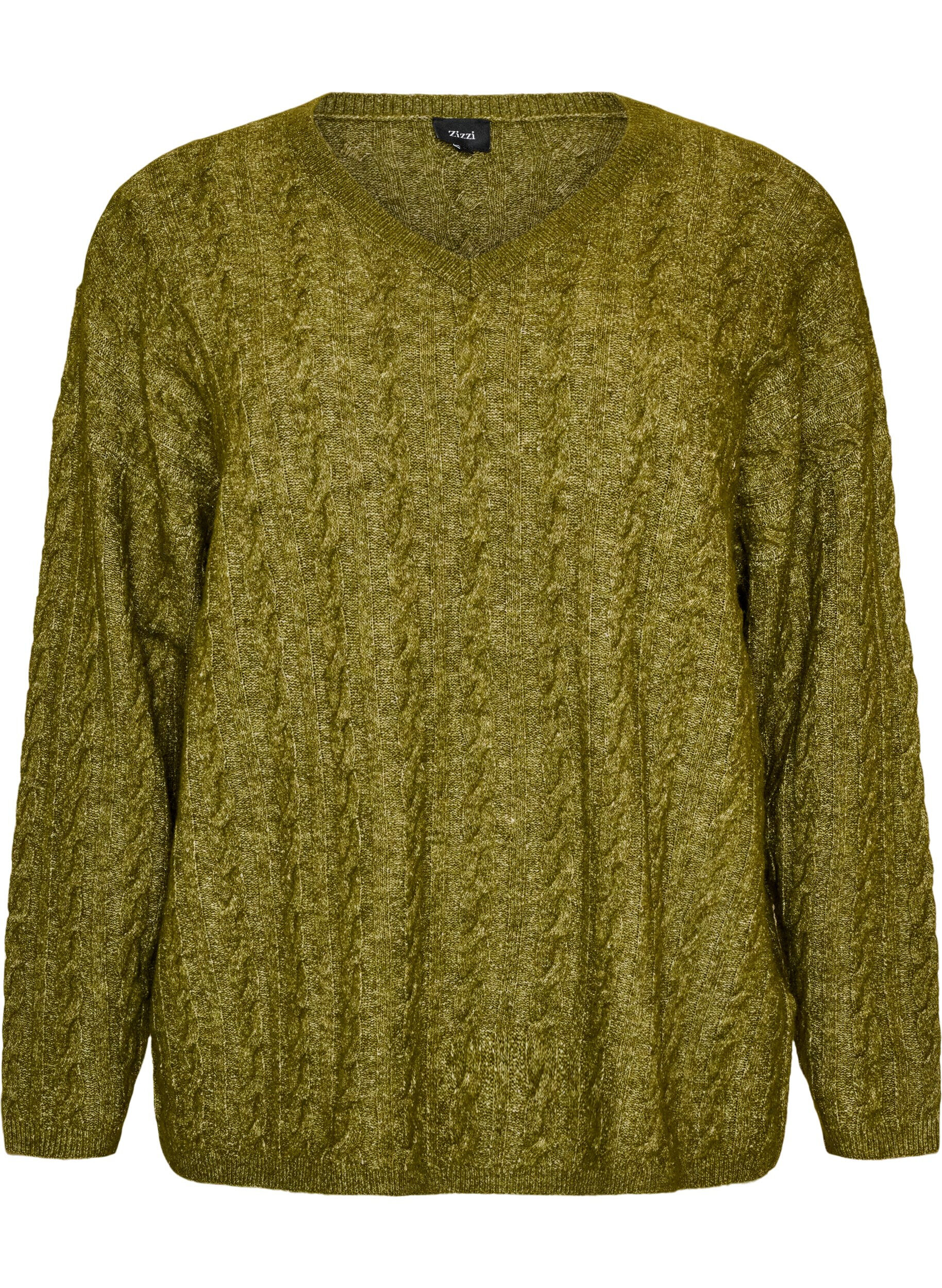 ZizziGebreide blouse met kabelpatroon en V-hals, Groen, Packshot image number 0