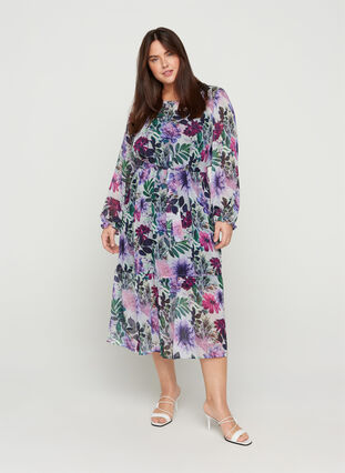 Midi-jurk met bloemenprint en lange mouwen, Purple Flower mix, Model image number 0