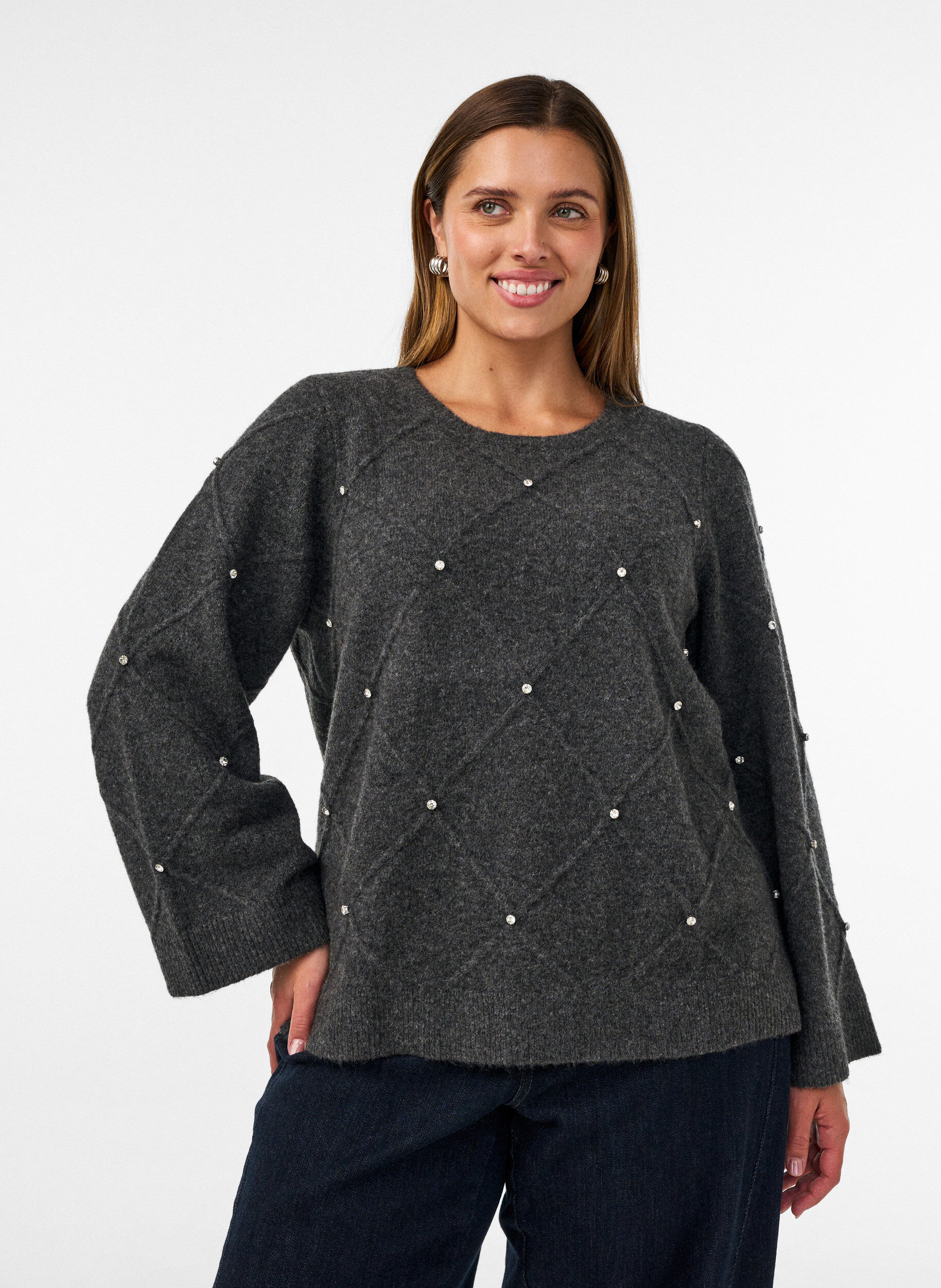 Gebreide blouse met strassteentjes en ruitpatroon, Grijs, Model