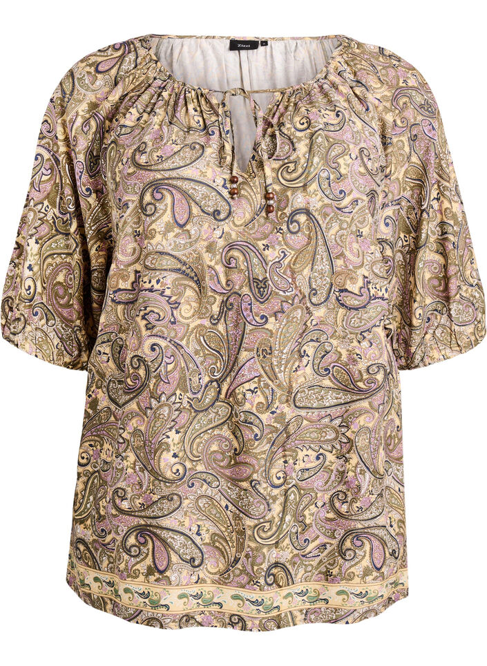 Viscose blouse met paisleyprint en strikkoord, Geel, Packshot image number 0