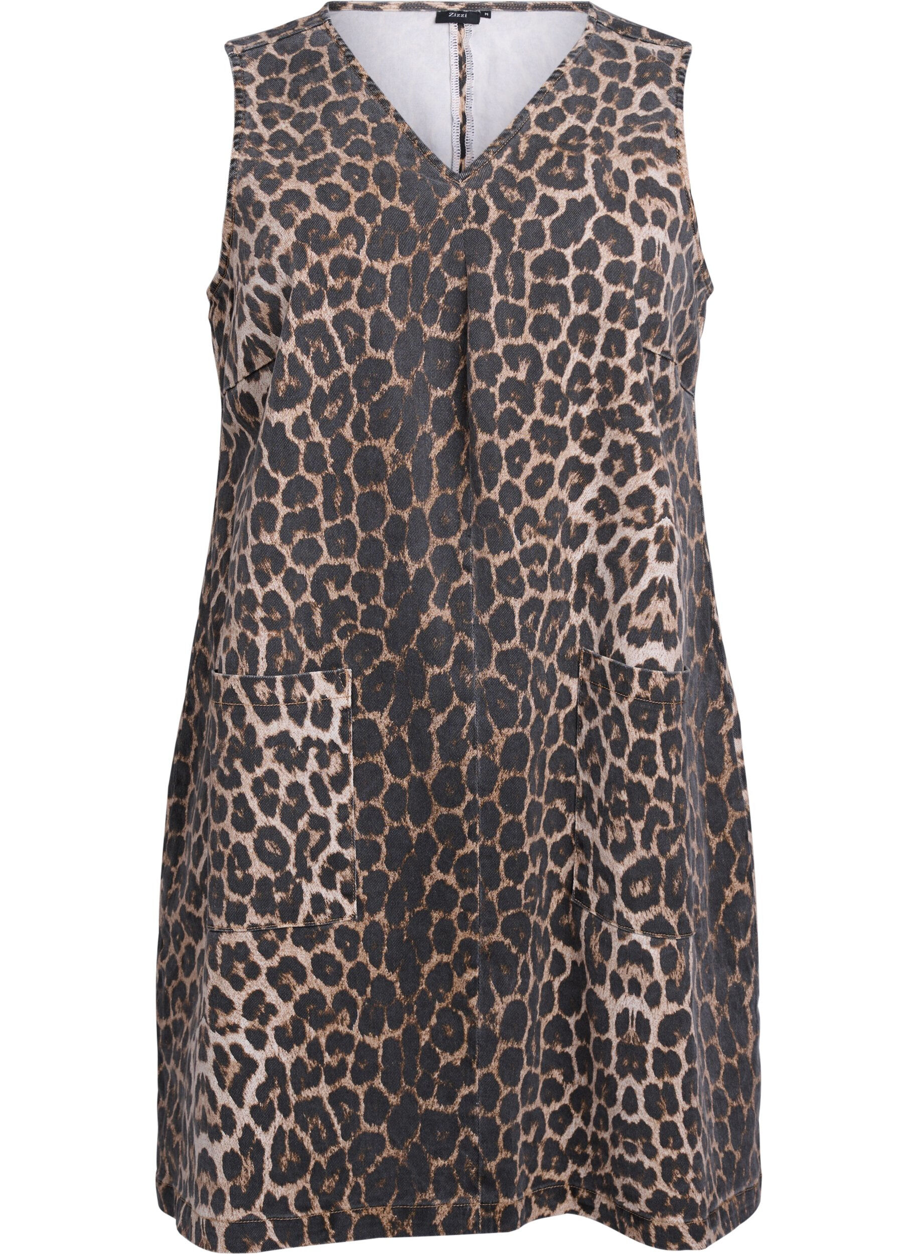Zizzi Pinafore jurk met zakken en luipaardprint, Bruin, Packshot image number 0