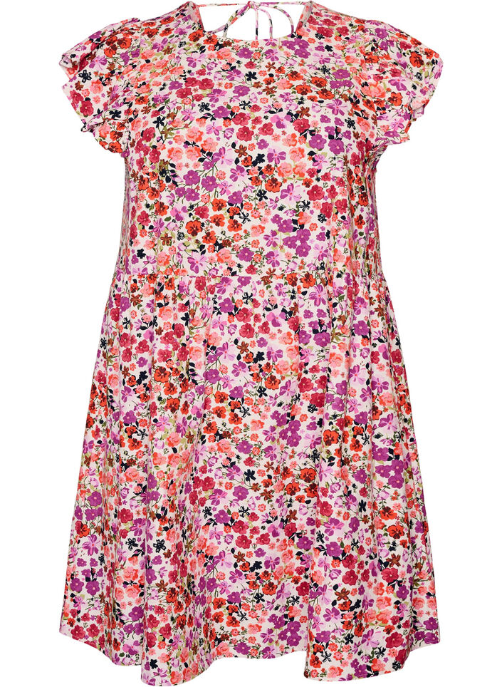 Katoenen bloemenjurk met ruches en V-hals, Roze, Packshot image number 0